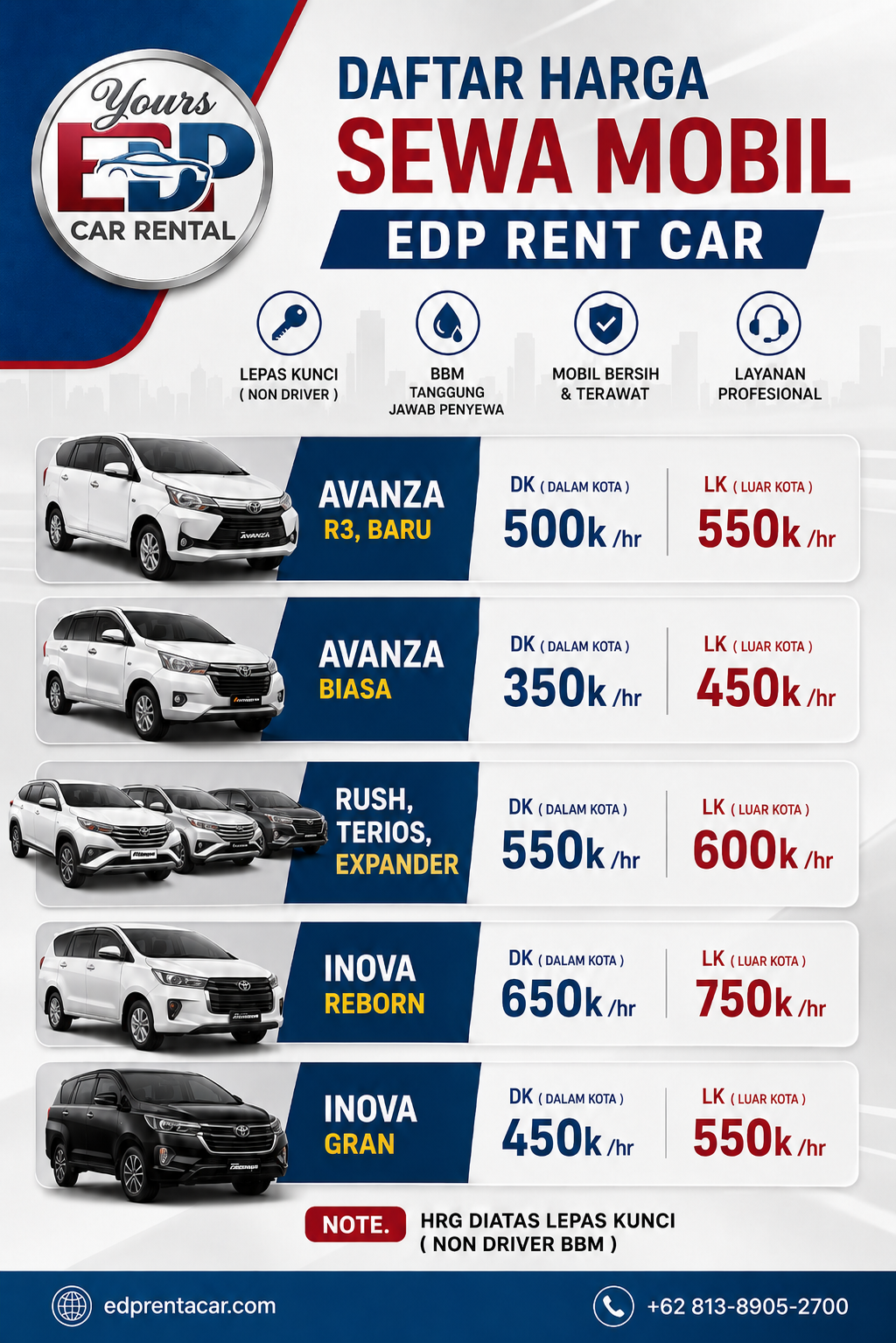 Poster daftar harga sewa mobil EDP Rent Car